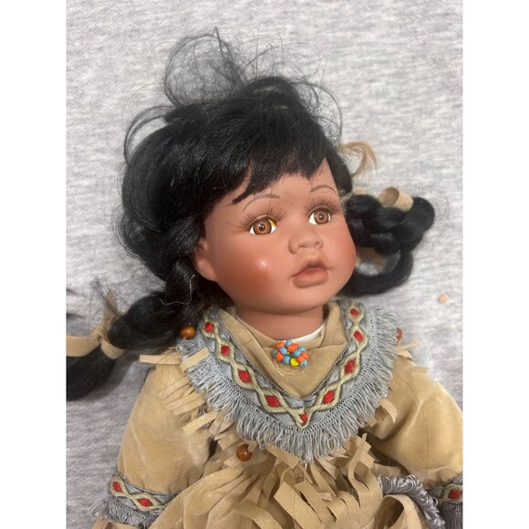 Cathy Collection Native American Porcelain Doll Black Hair Brown Dress - Picture 2 of 9